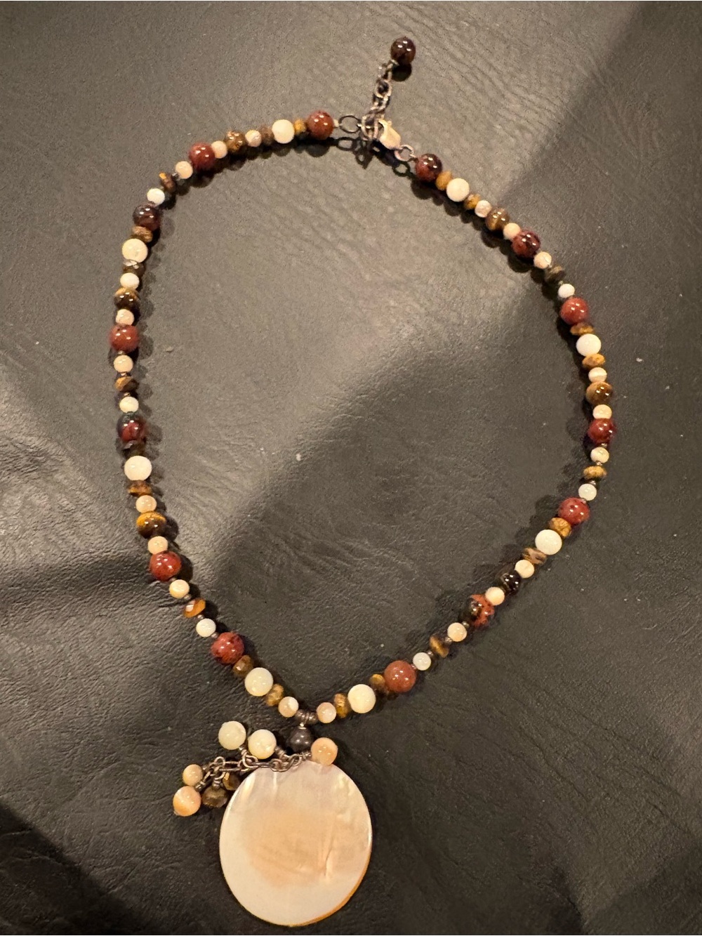 Handcrafted Multi-Bead Necklace with Shell Pendant - Brown & Cream